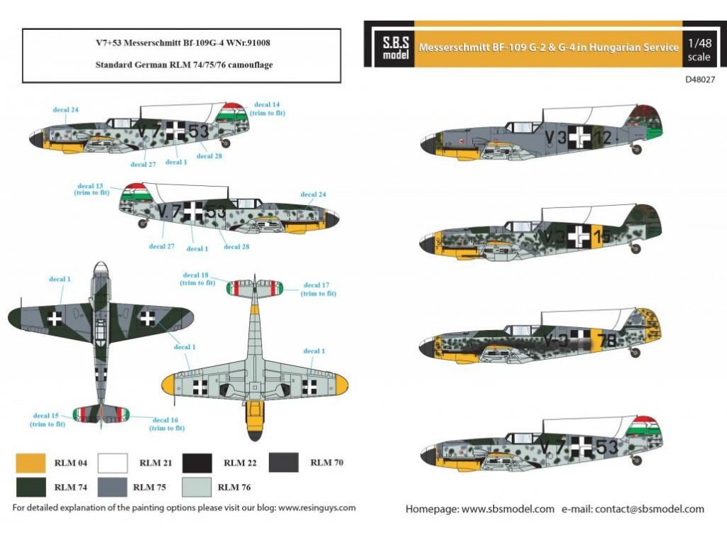 SBS MODEL 1/48 Decal Bf-109G-2 G-4 in Hungarian Service