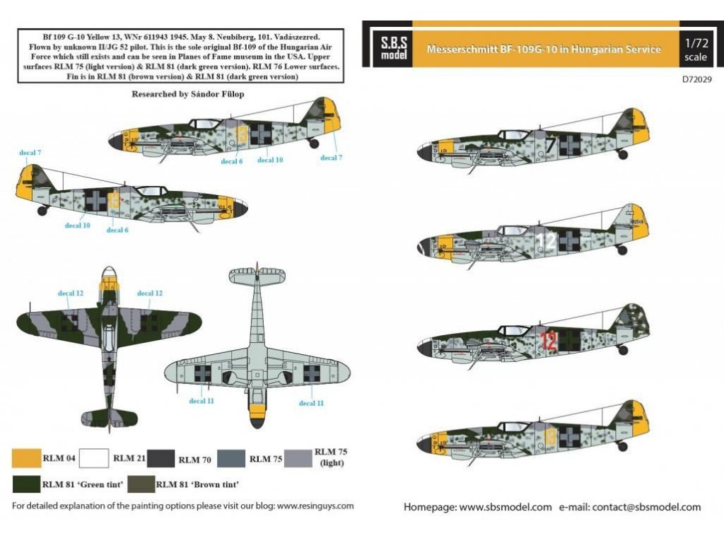 SBS MODEL 1/72 Decal Bf-109G-10 in Hungarian Service