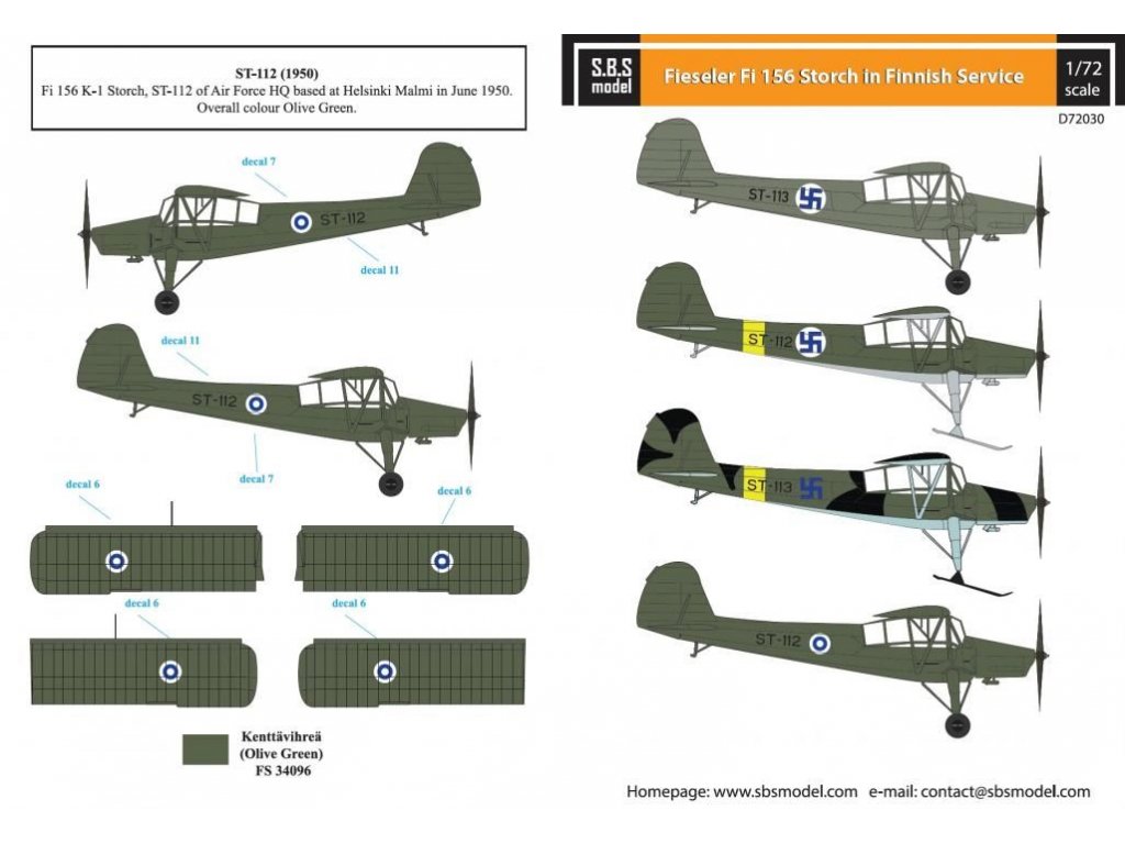 SBS MODEL 1/72 Decal Fiesler Fi 156 Storch (Finnish Service)