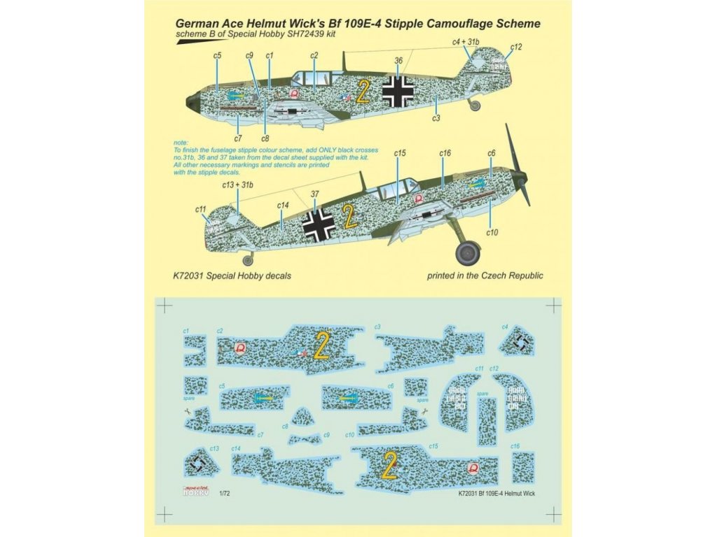 SPECIAL HOBBY 1/72 Decal German Ace H.Wick Bf-109E-4 Stipple