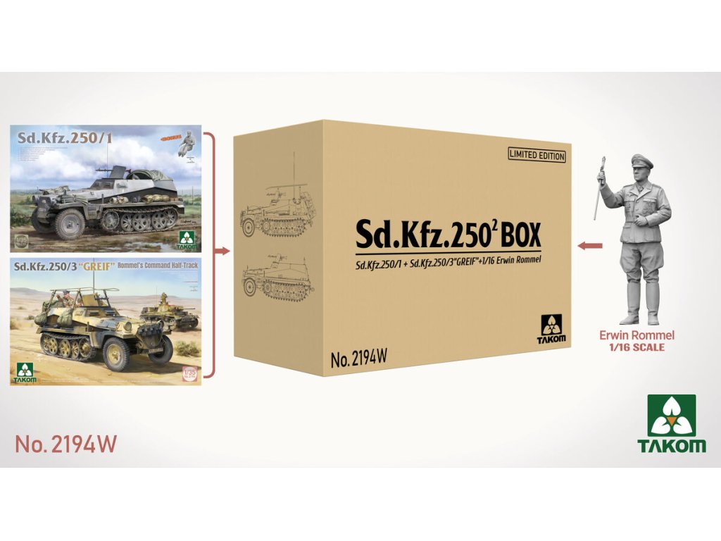 TAKOM BOX 2194W 1/35 Sd.Kfz. 250 BOX 250/1 + 250/3 "GREIF" + 1/16 Erwin Rommel