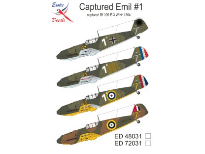 EXOTIC DECALS 1/48 48031 Captured Emil #1 Captured Bf 109 E-3 W.Nr 1304