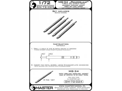 MASTER_PL 1/72 MG-34 Panzerlauf (7.92mm) MG barrels (4 pcs.)