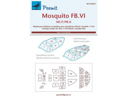 PEEWIT MASK 1/144 Canopy mask Mosquito FB.VI for MARK1