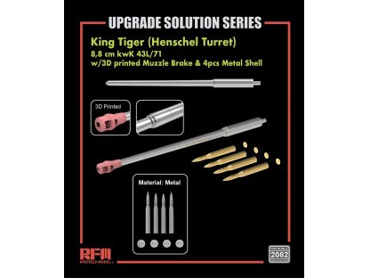 RFM 1/35 2082 King Tiger 8,8 cm kwK 43L/71 Metal Barrel w/ 3D Printed Muzzle Brake & 4 pcs Metal Shell