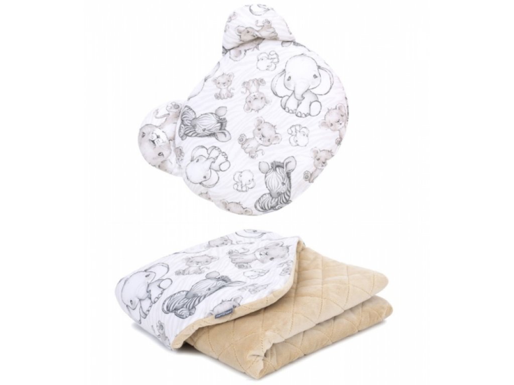 2-dílná sada, oboustranná dečka minky s polštářkem Teddy Mamo Tato,Tygřík, šedá/cappuccino