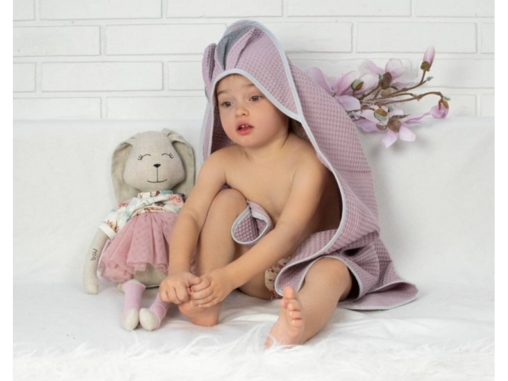Baby Nellys Vaflová osuška s kapucí BUNNY, 80x80 cm, šedá, modrá