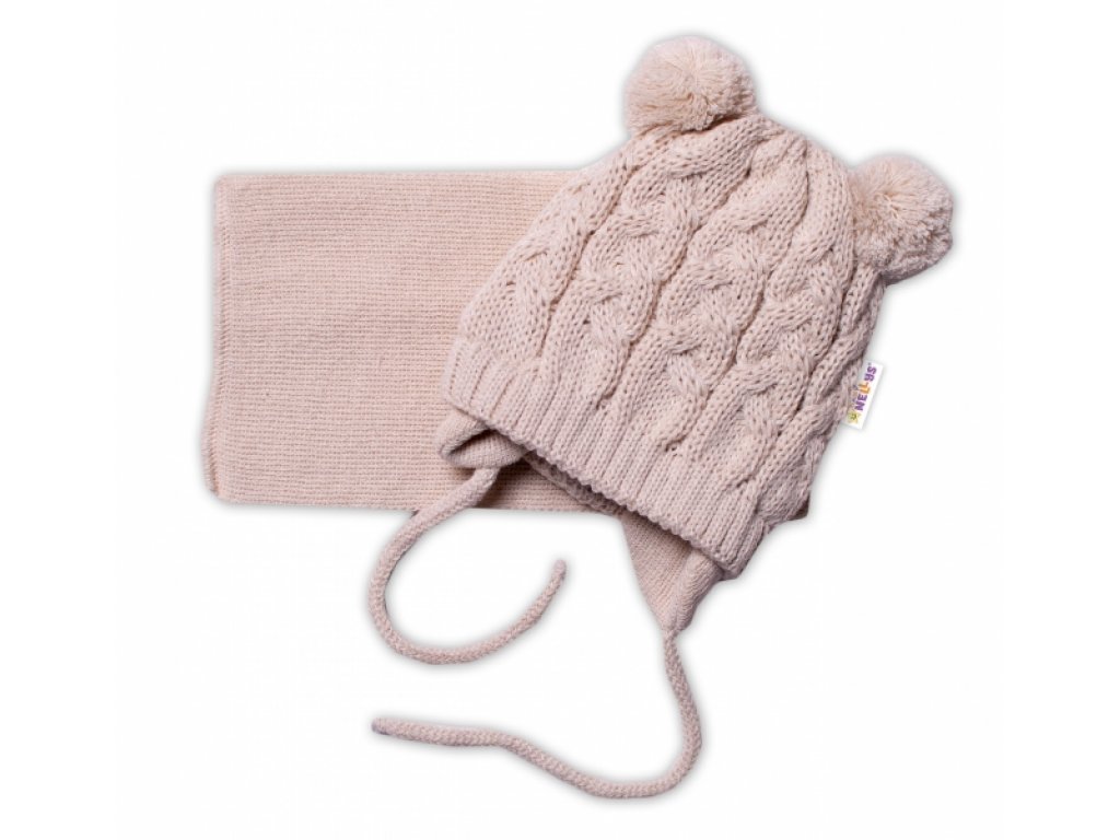 BABY NELLYS Zimní pletená kojenecká čepička s šálou TEDDY