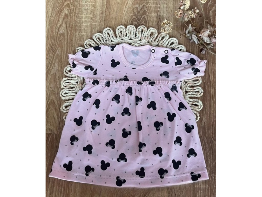 Bavlněné šaty s kr. nabíranými rukávy, Baby Mouse,růžové s potiskem