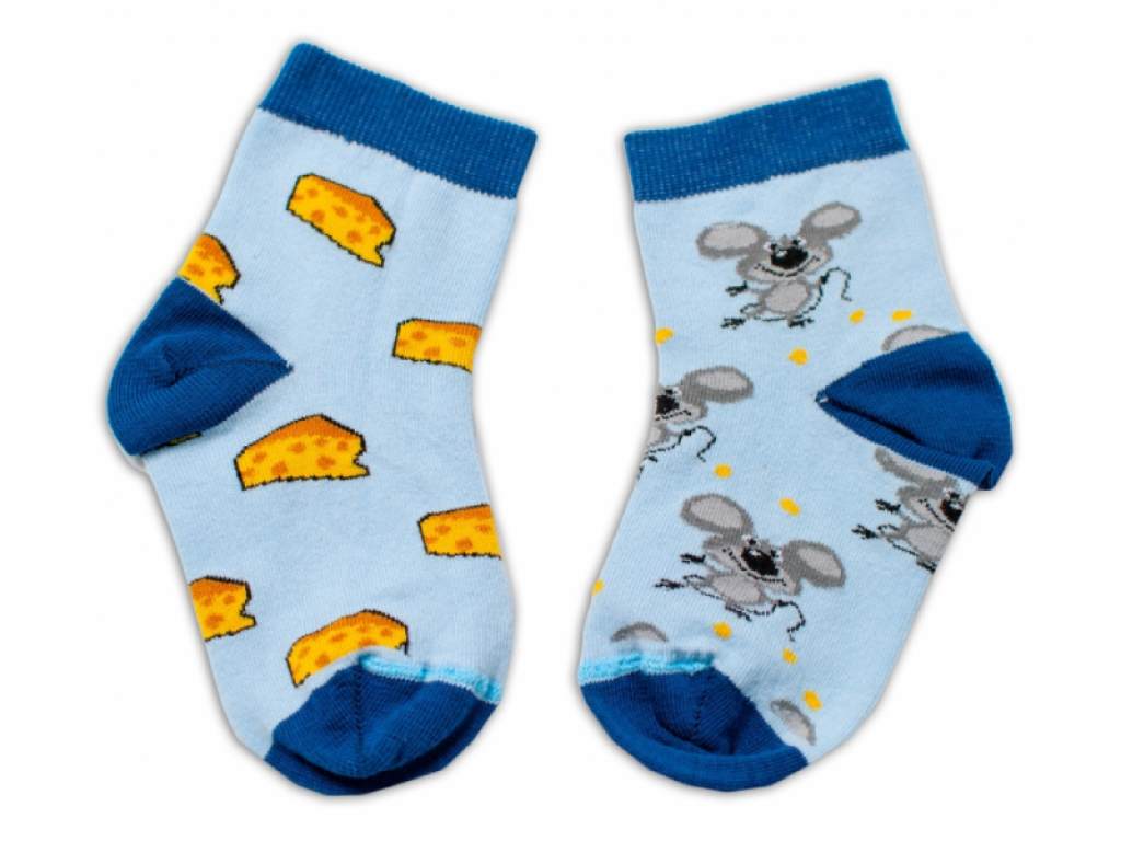 Bavlněné veselé ponožky Myška a sýr - světle modré