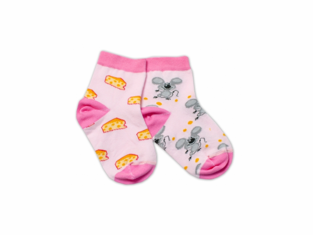 Bavlněné veselé ponožky Myška a sýr - světle růžová