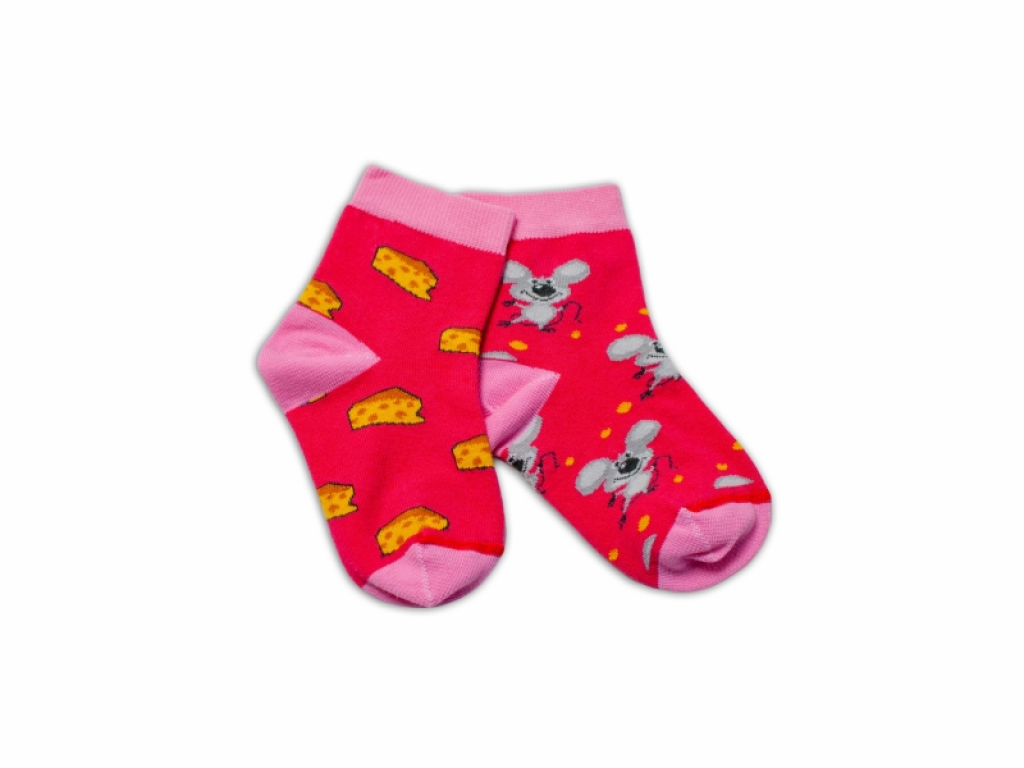 Bavlněné veselé ponožky Myška a sýr - tmavě růžová