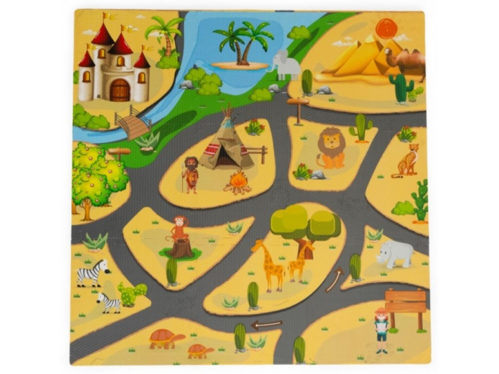Dětské pěnové puzzle 93,5x93,5cm, hrací deka, podložka na zem Safari, 9 dílů