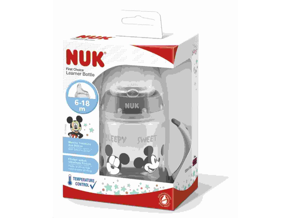 Kojenecká láhev na učení NUK Disney Mickey s kontrolou teploty 150 ml červená