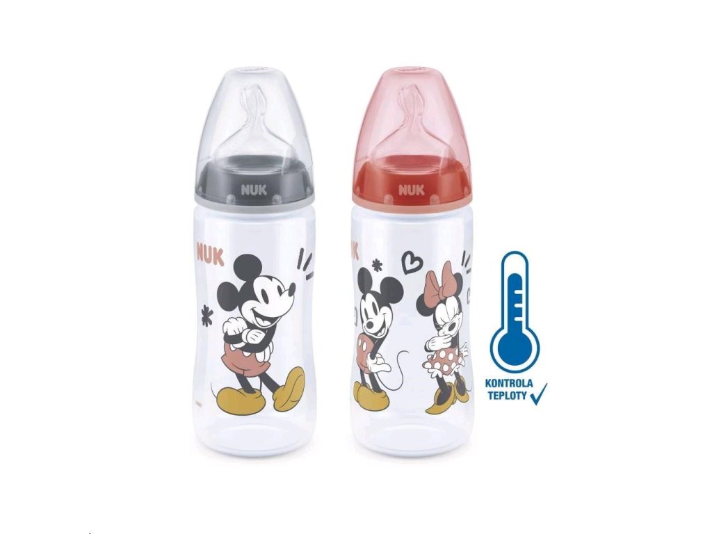 Kojenecká láhev na učení NUK Disney Mickey s kontrolou teploty 300 ml šedá