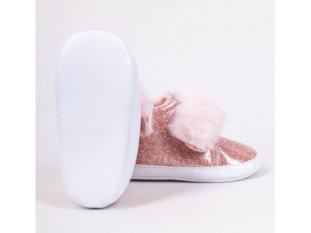 Kojenecké boty/capáčky lakýrky Girl s kožešinou - růžový brokát