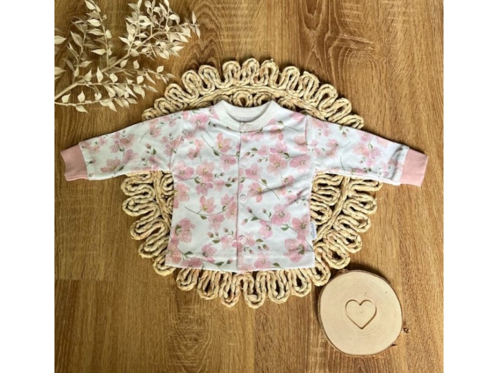 Novorozenecká bavlněná košilka, kabátek, Mamatti, Květy višní - smetanovo/pudrová