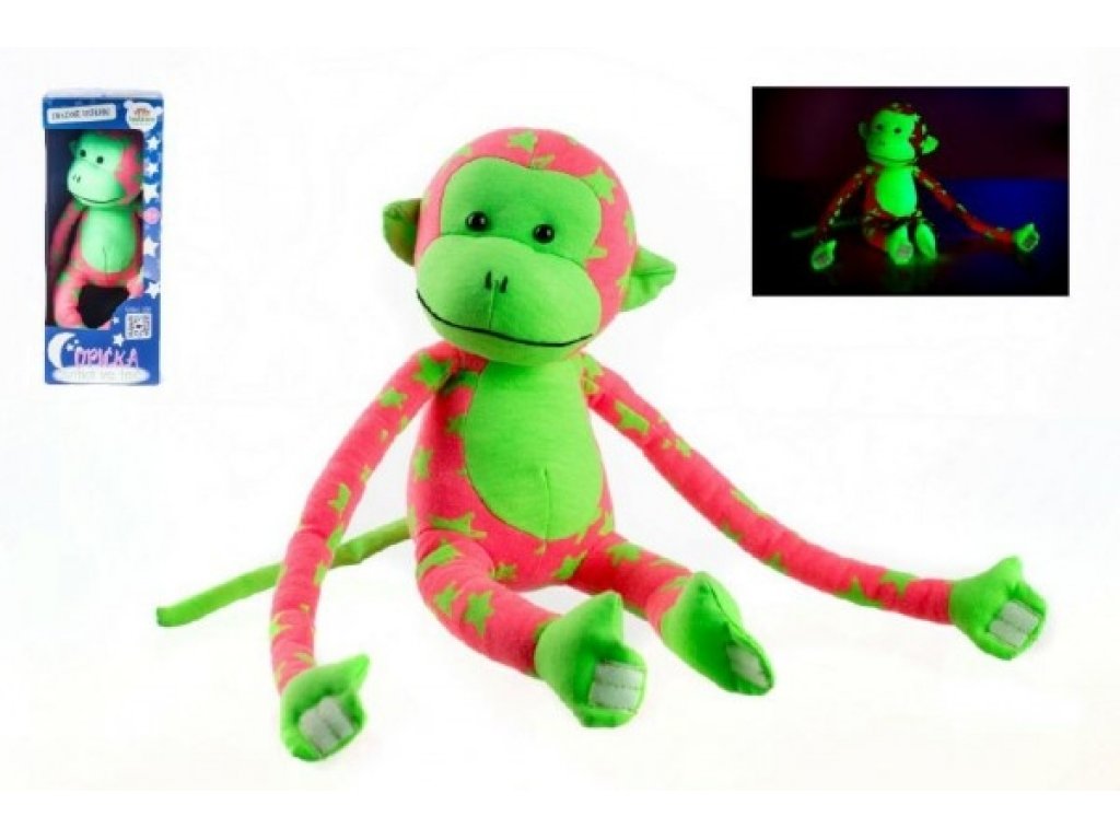 Opice svítící ve tmě plyš 45x14cm růžová/zelená v krabici