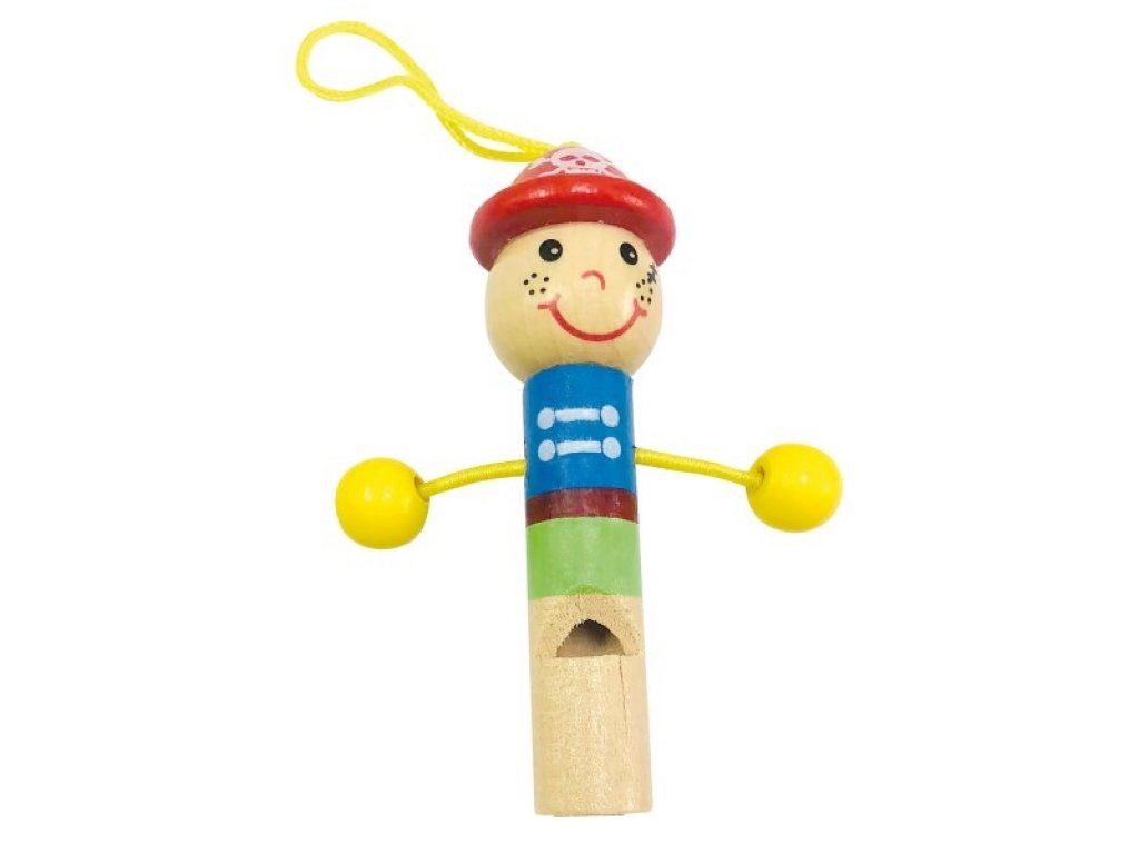 Píšťalka panáček dřevo 7cm s poutkem 5 druhů v sáčku