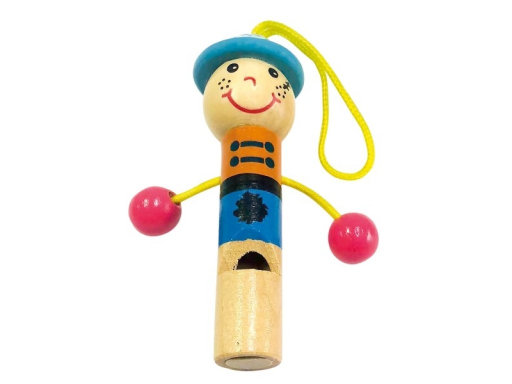 Píšťalka panáček dřevo 7cm s poutkem 5 druhů v sáčku