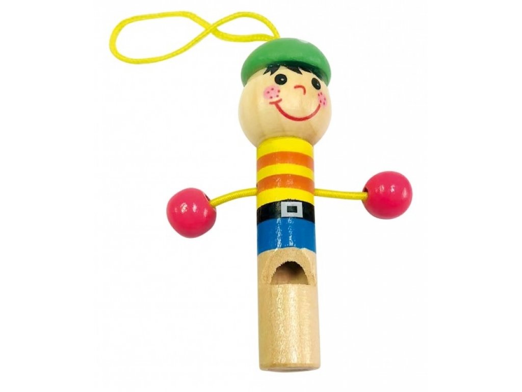 Píšťalka panáček dřevo 7cm s poutkem 5 druhů v sáčku