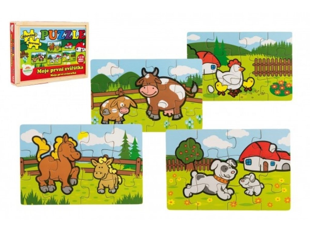 Puzzle dřevěné Moje první zvířátka 4x12 dílků 20x14x3,5cm v dřevěné krabičce 24m+ MPZ