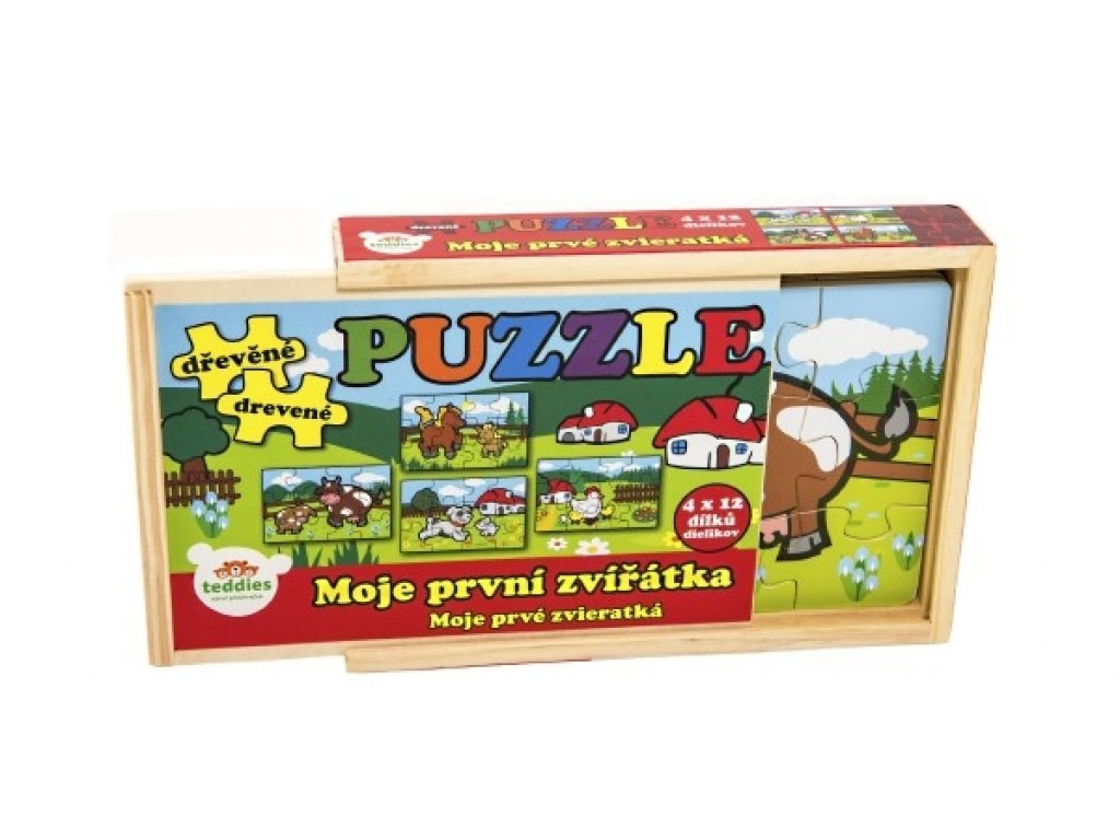 Puzzle dřevěné Moje první zvířátka 4x12 dílků 20x14x3,5cm v dřevěné krabičce 24m+ MPZ