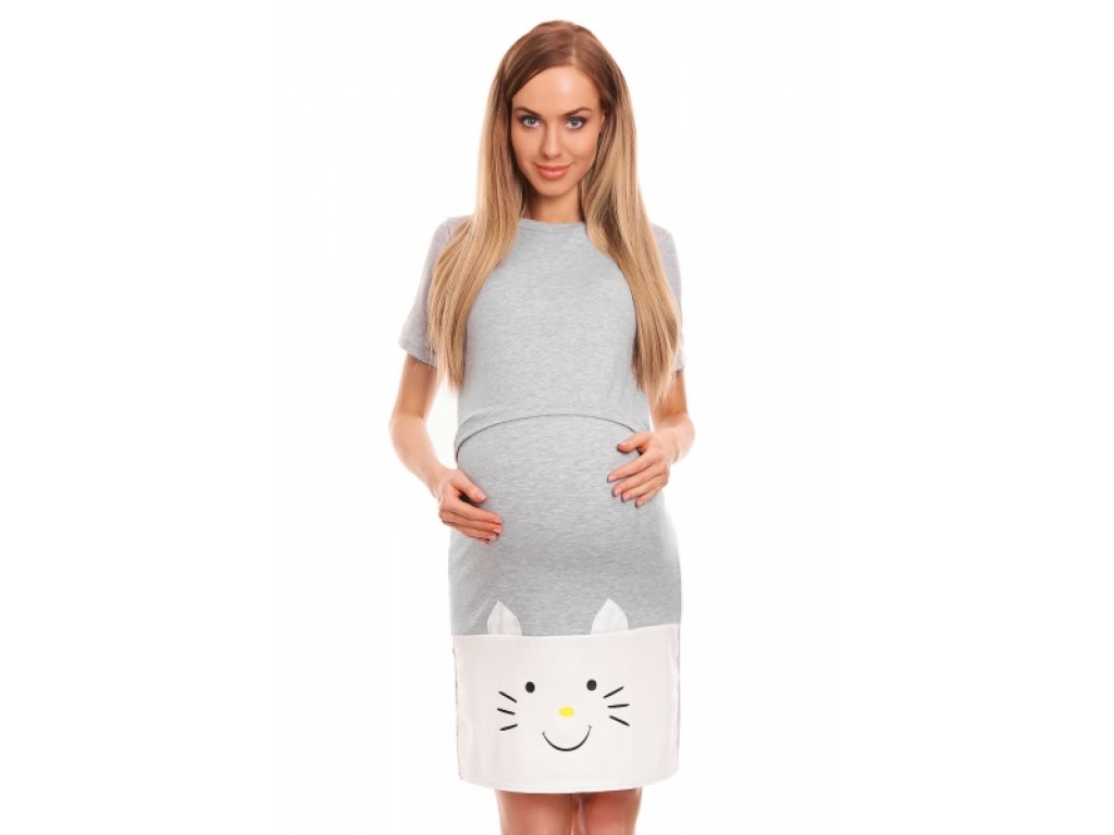 Těhotenská, kojící noční košile s motivem kočky, kr. rukáv 