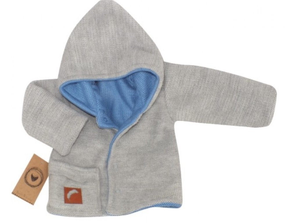 Z&Z Pletený, oboustranný svetřík, kabátek s kapucí, modro-šedý, vel. 68