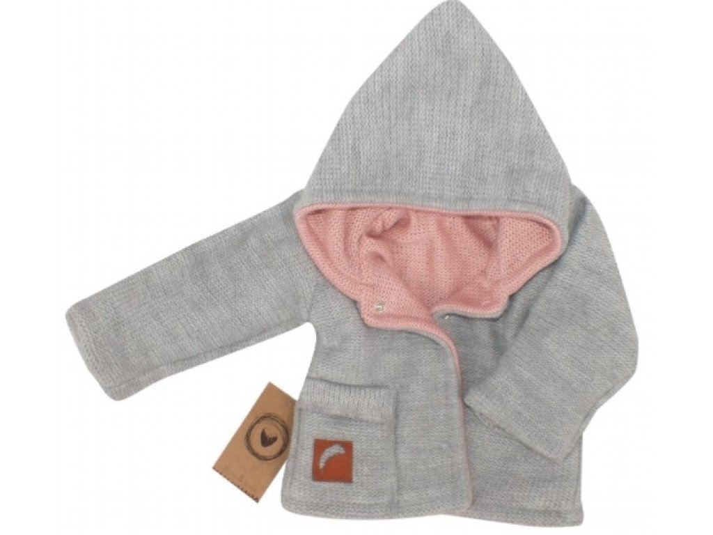 Z&Z Pletený, oboustranný svetřík, kabátek s kapucí, růžovo-šedý