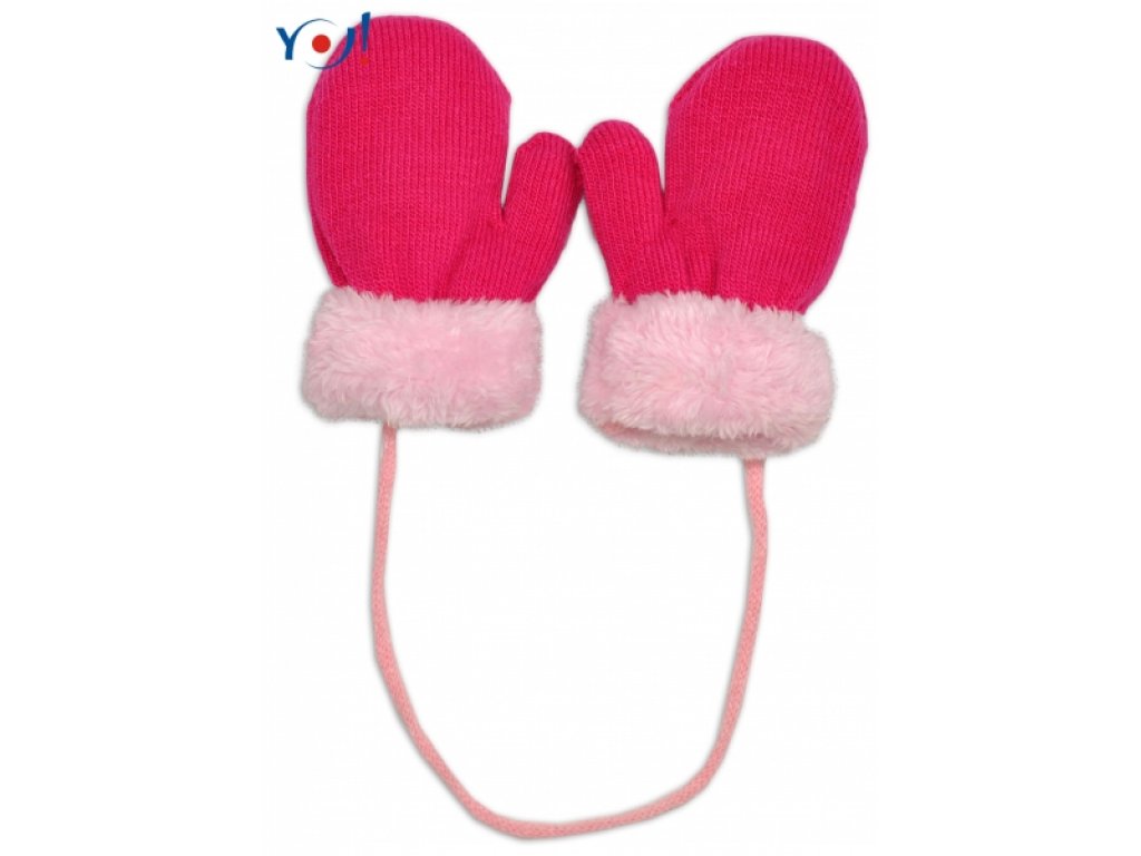 Zimní kojenecké rukavičky s kožíškem - se šňůrkou YO - malinové/růžový kožíšek