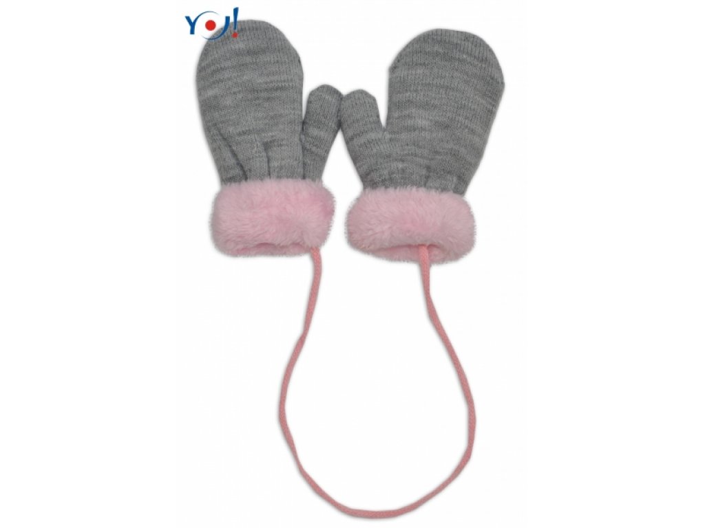 Zimní kojenecké rukavičky s kožíškem - se šňůrkou YO - šedé/růžový kožíšek