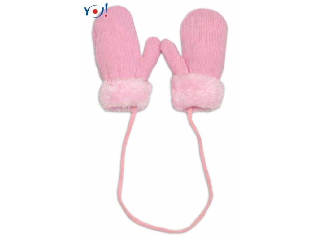 Zimní kojenecké rukavičky s kožíškem - se šňůrkou YO - sv. růžové/růžový kožíšek