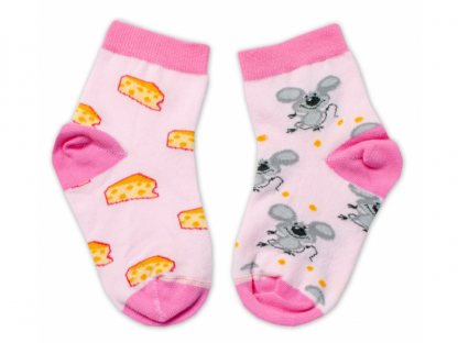 Bavlněné veselé ponožky Myška a sýr - světle růžová 2