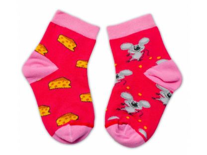 Bavlněné veselé ponožky Myška a sýr - tmavě růžová 2