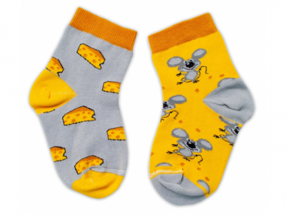 Bavlněné veselé ponožky Myška a sýr - žlutá/šedá 2