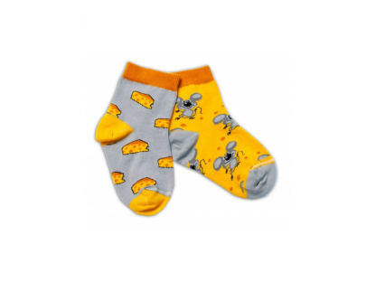 Bavlněné veselé ponožky Myška a sýr - žlutá/šedá