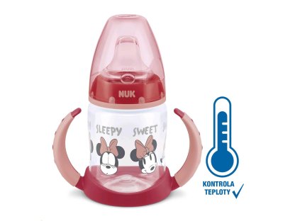 Kojenecká láhev na učení NUK Disney Mickey s kontrolou teploty 150 ml červená