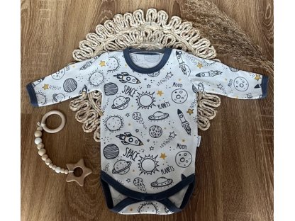 Kojenecké body, dlouhý rukáv , zap. u krku, Kosmos - bílá/granát s potiskem