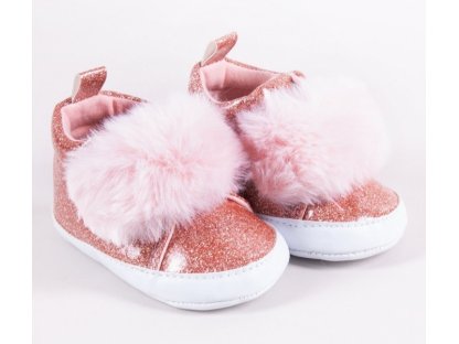 Kojenecké boty/capáčky lakýrky Girl s kožešinou - růžový brokát