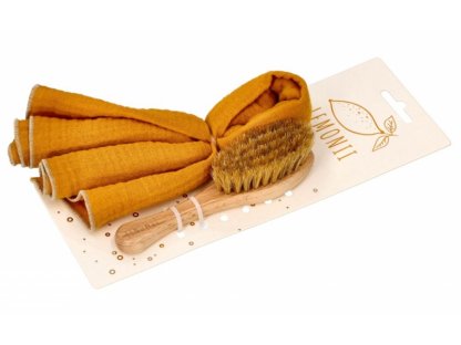 Lemonni Luxusní sada pro miminka, dřevěný kartáček + mušelínová myjka