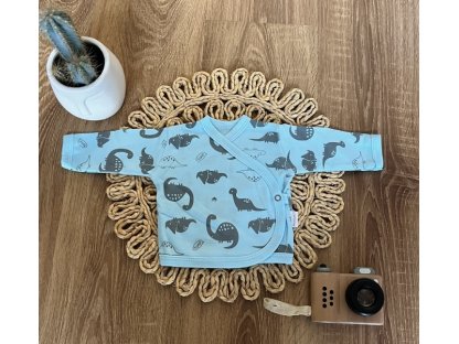 Novorozenecká bavlněná košilka  zapínání bokem, Dino park - modrá s potiskem