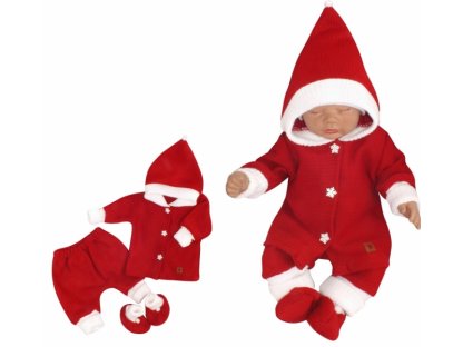 Z&Z 3-dílná pletená souprava, kabátek, kalhoty a botičky Baby Santa, červená