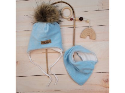 Zimní dvouvrstvá čepice na zavazování s bambulí z kožešinky + šátek 2