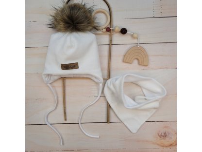 Zimní dvouvrstvá čepice na zavazování s bambulí z kožešinky + šátek