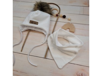 Zimní dvouvrstvá čepice na zavazování s bambulí z kožešinky + šátek