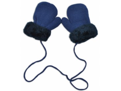 Zimní kojenecké rukavičky s kožíškem - se šňůrkou YO - jeans/granátový kožíšek