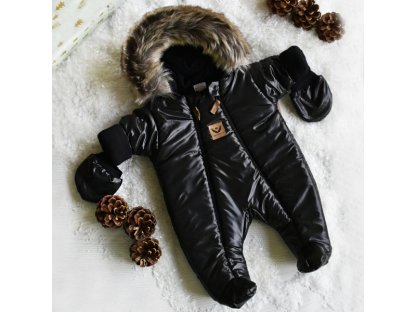 Zimní kombinéza s dvojitým zipem, kapucí a kožešinou + rukavičky Z&amp;Z, Angel - černý 2
