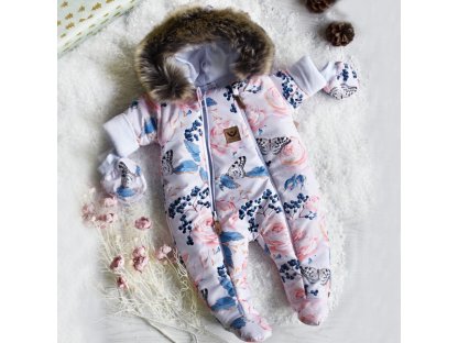 Zimní kombinéza s dvojitým zipem, kapucí a kožešinou + rukavičky Z&Z, Angel, růžičky 2