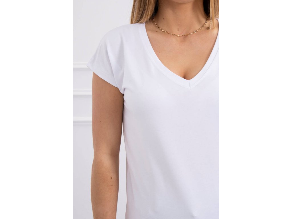 Basic tričko s výstřihem V Fawn bílé